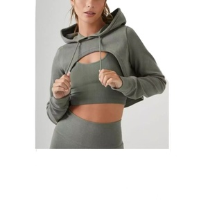 <b>Ladies</b> Custom Logo Terry Cotton Cropped Hoodie Sweatshirt-300g Direct Factory Manufacture Crop <b>Top</b> Hoodies - Product Image 2