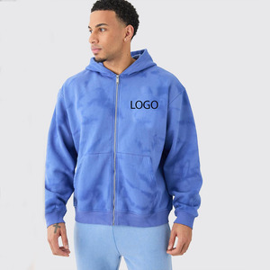 Custom Logo Acid Wash Plus Size Tall Men Zipper Hoodies Oversized Autumn Knitted Breathable Polyester/Cotton Blue Ribbed Bottom - Product Image 1