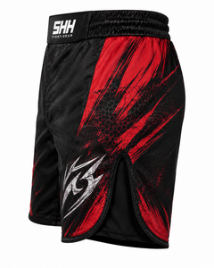 Custom Men's <b>Black</b> Red Muay Thai Boxing Shorts Abstract Slash Print Elastic Waistband Side Slits Kickboxing Training Fightwear - Product Image 3