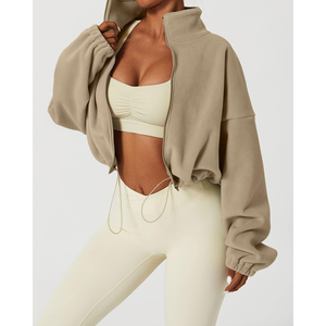 Sudadera corta de forro polar beige para mujer con cremallera, cuello alto, hombros caídos, manga larga, estilo oversize, ropa de otoño para mujer, ODM - Product Image 3