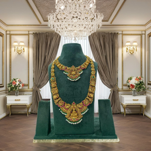 Parure de bijoux de mariée antique en or massif 22 carats, collier indien long Rani Haar Lakshmi avec pendentif, idéal pour mariage et fiançailles - Product Image 1