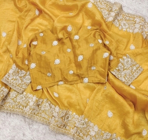 KV Women's Embroidered, Embellished Bollywood Pure Silk <b>Saree</b> With Unstitched Blouse (<b>Yellow</b>) - Product Image 2