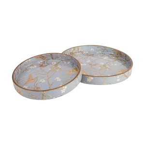 Plateau de service rond en bois de style bohème moderne avec motif floral et d'oiseaux pour mariage, thé et café, décoration de table et de maison - Product Image 1