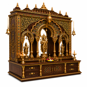 Temple de prière traditionnel Ram Darbar en teck sculpté à la main, statues dorées, design d'arche décoratif, taille personnalisable professionnelle - Product Image 3