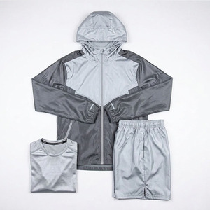 Custom Logo Men's 3 Piece Sportswear Set Grey Windbreaker Hooded Jacket <b>T</b>-shirt and Shorts Lightweight Nylon <b>Track</b> Suit - Product Image 1