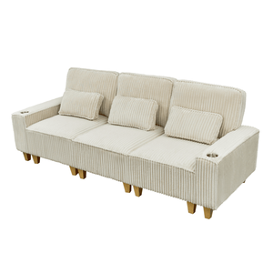 Deep Seat 3-Seater Modern Comfort Corduroy <b>Sofa</b> with Brushed Stainless Steel Cup Holders 3 Decorative <b>Pillows</b> for Living Room - Product Image 1