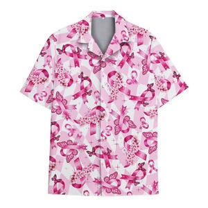 Camisa hawaiana con lazo rosa para mujer, camiseta de apoyo al cáncer de mama, camisa de playa para vacaciones de verano, linda camisa con botones con estampado floral y de mariposas - Product Image 4