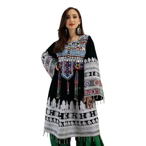 Stunning Kuchi Tribal Outfit Black Velvet Short Frock With Multi Tiered <b>Neon</b> Border Yellow Floral Embroidery Green Loose Harem - Product Image 3