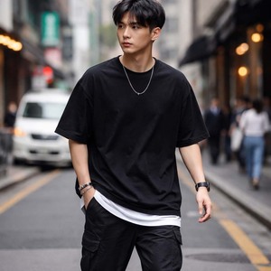 Men's Oversized Double Hem <b>Layered</b> Cotton Streetwear Tee Ready for Custom Printing Custom Print Boxy Fit Men's <b>Top</b> - Product Image 2