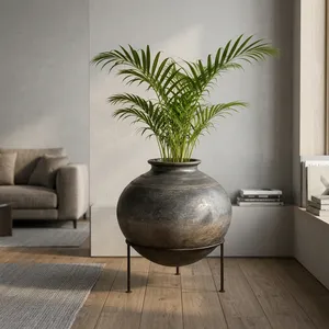 Pot à eau rond vintage en fer avec support, pot de fleurs, vase pour entrée de porte, coin de jardin, salon, décoration intérieure - Product Image 5