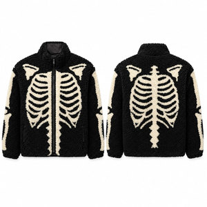 Men's Gothic <b>Fleece</b> <b>Jacket</b> Skeleton Print Zipper Stand Collar <b>Thick</b> Winter Wear Sherpa Lining Punk Style - Product Image 1