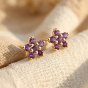 Amethyst Flower <b>Stud</b> Earrings 925 Sterling <b>Silver</b> 14K Gold Plated February Birthstone Gift For Women Under 100 - Product Image 1