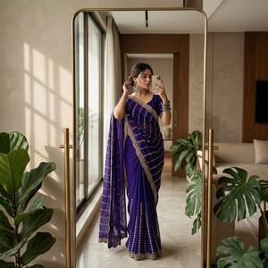 Designer Fandy Satin Fabric With Hand Embroidery Cut Dana Sequence Work Lehariya And Border In All Over <b>Saree</b> With Blouse - Product Image 3
