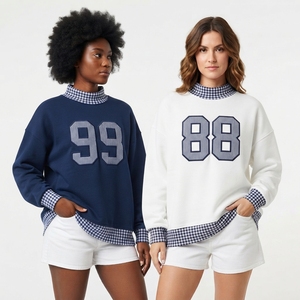 Sudadera Extra Grande de Primera Calidad para Mujer, Cuello Redondo, Gris con Ribete a Cuadros Rojos, Número 44 Bordado, Manga Larga, Ropa Casual - Product Image 5