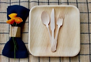 Wholesale 7 Inches Square Areca Leaf Plate and Birchwood Cutlery <b>Pack</b> For Food Service Events <b>Pack</b> of 100Pcs For Hotels And Cafe - Product Image 2