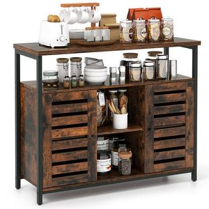 Credenza Industriale in Legno con Anta a Doghe e 3 Ripiani Regolabili per la Conservazione in Sala da Pranzo - Product Image 1