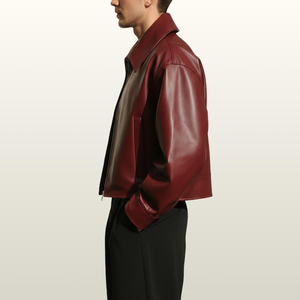 Chaqueta de moto para hombre de cuero genuino color burdeos, con cuello vuelto, cierre de cremallera, corte holgado, estilo biker. - Product Image 4