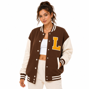 Sudadera de Forro Polar Oversize con Logo Bordado para Mujer, Estilo Casual, Rayas, Cuello Redondo, Ribete en Contraste, Chaqueta Varsity Acanalada - ¡Gran Oferta! - Product Image 3