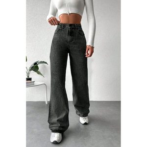 Jean en denim gris de luxe pour femme, taille haute, coupe ample à jambe large, avec placage écologique durable, style streetwear, taille (2640) - Product Image 3