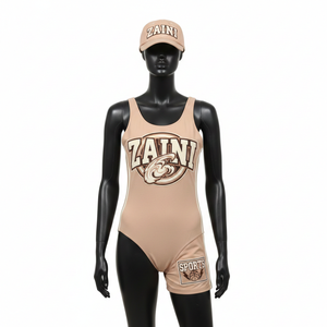 Maillot de bain une pièce pour femme en nylon et élasthanne 240 GSM de qualité supérieure, beige, avec empiècements sportifs et logo personnalisé par transfert thermique - Product Image 1