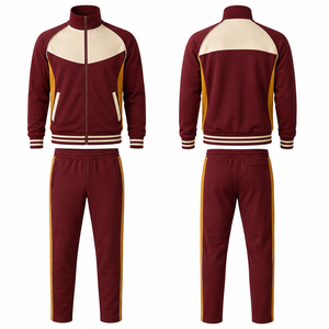 Conjunto Deportivo para Hombre en Color Crema y Dorado con Bloques de Color, Chaqueta con Cierre Completo, Pantalones Deportivos Transpirables de Poliéster para Otoño con Bolsillos Laterales - Product Image 1