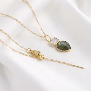 Natural Gemstone Labradorite Moonstone Fashion Pendant Necklace 18k Gold Plated Brass Anti Tarnish Shape Pear Rectangle Jewelry - Product Image 1