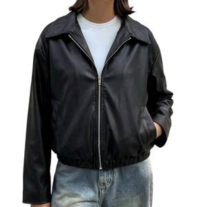 Blouson bomber en cuir uni pour femme, fermeture éclair, col montant, poches, longueur au-dessus du genou, pour un style décontracté et streetwear - Product Image 3