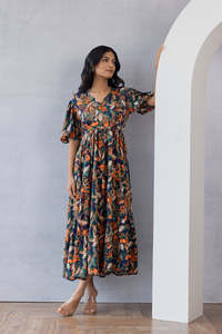 Vestido Midi de Gasa con Estampado Floral, Cuello en V, Manga con Volantes, Corte en A, Holgado, Estilo Boho, Vestido Casual de Verano para Mujer, Hermoso Vestido para Mujer - Product Image 5