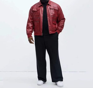 Custom <b>Men's</b> Red <b>Cargo</b> Leather Varsity <b>Jacket</b> Trending Plus Size with Stand Collar Front Logo Zipper Pocket - Product Image 3