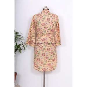 Minivestido elegante de algodón indio con estampado floral para mujer, estilo A, de una pieza, con botones en la cintura natural, casual y elegante para el verano. - Product Image 5