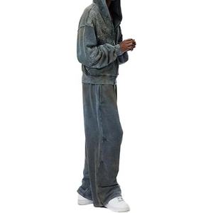 Venta al por mayor de lavado ácido vintage holgado con capucha conjuntos de hombres diamantes de imitación de gran tamaño chándales para hombres jogging trajes sudadera personalizada - Product Image 2