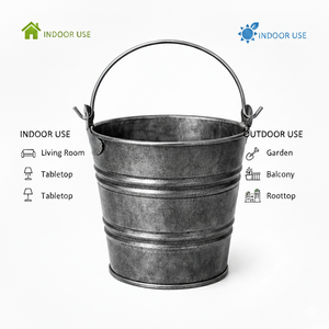 Seau en métal de style moderne avec poignée, design rustique à nervures horizontales, jardinière en étain galvanisé noir pour le jardin et la décoration intérieure - Product Image 3
