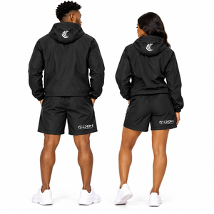 ชุดวอร์มแบบ unisex เสื้อแจ็คเก็ตมีฮู้ด กางเกงขาสั้น แห้งเร็ว ผลิตจากโพลีเอสเตอร์ เหมาะสำหรับใส่ในฤดูใบไม้ผลิ ชุดออกกำลังกายเข้าชุด - Product Image 3
