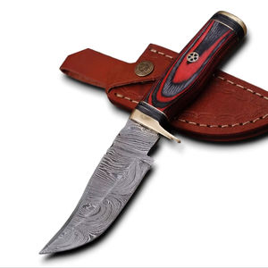 Cuchillo de Caza Exótico Damasco con Funda de Cuero Rojo-Negro Multicolor, Supervivencia al Aire Libre, EDC, Hecho a Mano Premium, Bajo MOQ, Venta al por Mayor - Product Image 1