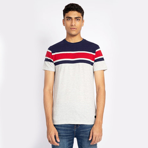Camiseta de Manga Corta para Hombre con Bloques de Color y Rayas, Personalizada con el Logotipo de tu Marca, Corte Regular, Cuello Redondo, Informal, de Algodón Tejido - Product Image 1