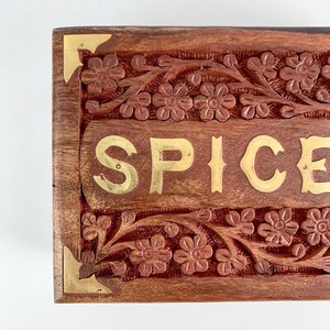 Vintage <b>Wooden</b> Spice <b>Box</b> with Brass Inlay, Hand-Carved Floral Storage <b>Box</b>, Rustic Kitchen Decor, Collectible <b>Wooden</b> Home Accent - Product Image 6
