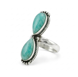 Bague ajustable vintage bohème en argent plaqué antique avec double pierre précieuse en forme de goutte pour femme - Product Image 2