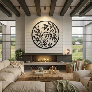 Couronne murale élégante en métal noir avec branche d'olivier, décoration minimaliste en forme de feuille pour salons contemporains - Product Image 3