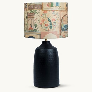 Vintage style <b>matt</b> black Hammered <b>Table</b> Lamp Indian Art Printed Fabric Shade Black Artistic Bedside Nightstand Light Home Decor - Product Image 5