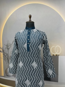 Conjunto de Kurta y Pijama Geométrico Azul y Blanco para Hombre, Largo hasta la Rodilla, Ropa Étnica Tradicional Informal - Product Image 3