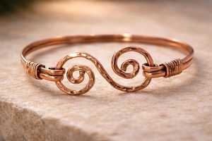 Handmade <b>Copper</b> Wire Wrapped <b>Bangle</b>: Rustic Hammered Boho Bracelet - Product Image 6