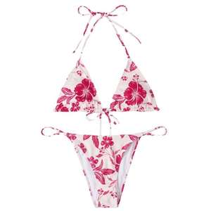 Conjunto de Bikini con Estampado a Cuadros para Mujer, Top Triangular con Cuello Halter, Braguita Tipo Tanga, Traje de Baño Elástico de Dos Piezas, Ropa de Playa Ecológica - Product Image 1