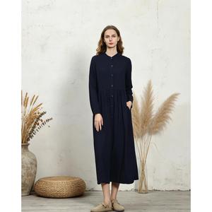 Women Navy Blue Cotton Linen Maxi <b>Dress</b> With Button Front Stand Collar <b>Loose</b> Fit Full Sleeve Summer Casual <b>Dress</b> For Women - Product Image 2