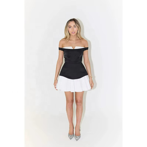 Vestido Mini Negro y Blanco para Mujer, Diseño de Parches, Sin Tirantes, Tejido de Poliéster Transpirable, Casual, Sexy, Moda de Verano, Estampado Natural - Product Image 4