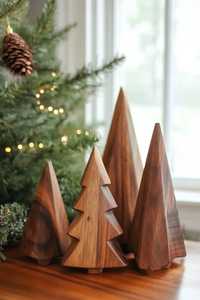 Ensemble de décorations de Noël en bois, marron naturel, triangulaires, pour table, fête de fin d'année, durables, écologiques - Product Image 4