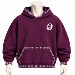 Plum Stitched Border Distressed Pullover <b>Hoodie</b> Heavyweight <b>Oversized</b> Contrast <b>Stitch</b> Pocket Casual Streetwear Winter - Product Image 1