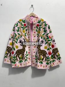 Pink Hand Embroidered <b>Sheep</b> <b>Skin</b> Velvet Breathable Mandarin Collar Full Sleeve Winter Women's <b>Jacket</b> - Product Image 3