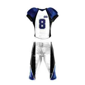 Ensemble d'uniformes de football américain blanc, bleu, noir, maillot sublimé, pantalon, tissu respirant, coupe ajustée, manches courtes, pour hommes adultes - Product Image 1