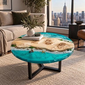 Mesa de Comedor Redonda Hecha a Mano con Resina, Mesa de Centro de Madera Epoxi con Diseño de Olas Oceánicas y Playa - Product Image 6