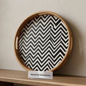 Bandeja Redonda de Madera de Acacia con Esmalte Chevron Blanco y Negro, Plato Decorativo Geométrico Moderno, Bandejas Decorativas para el Hogar al por Mayor - Product Image 4